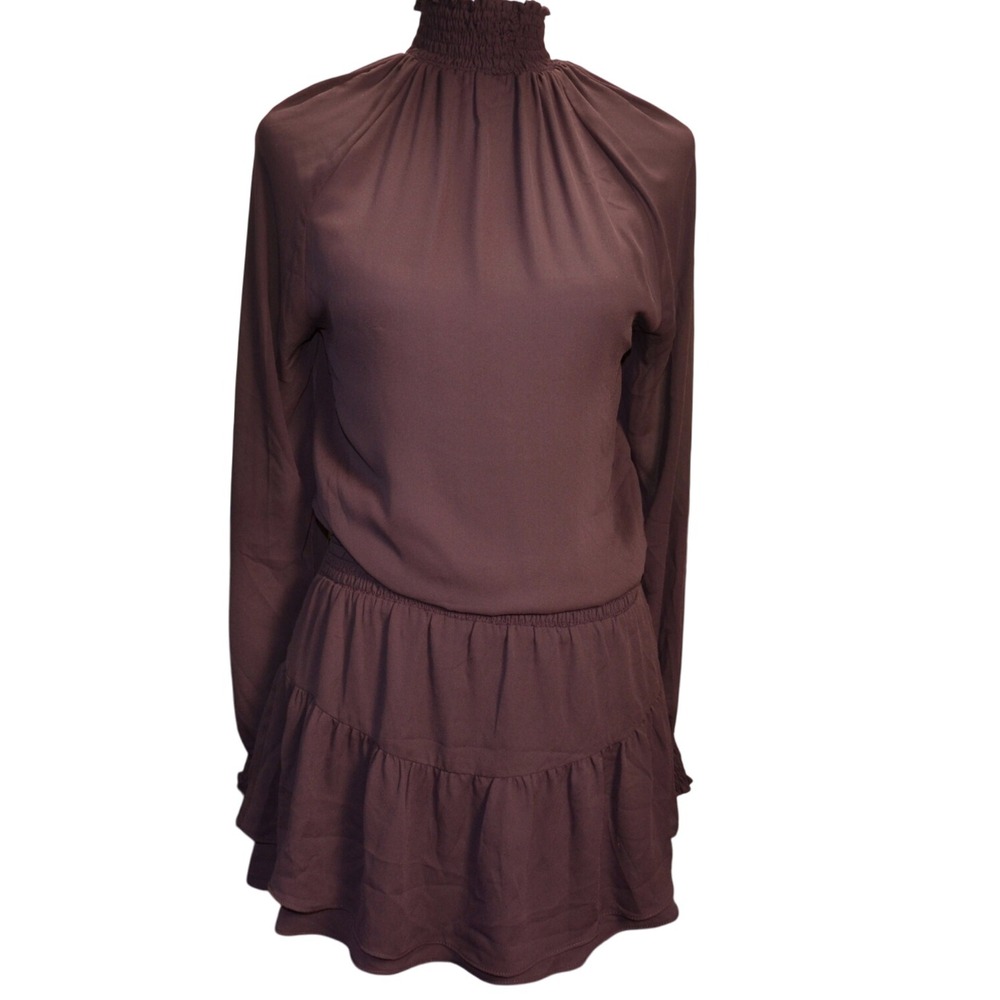 Krisa Womens XS Smocked Neck Long‎ Sleeve Ruffle Mini Dress Brown Made In USA